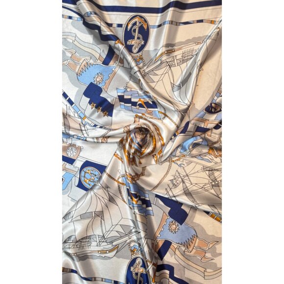 2/$30 NEW White Navy Blue Nautical Antique Gold Baroque Printed Silky Fashion - Picture 4 of 9